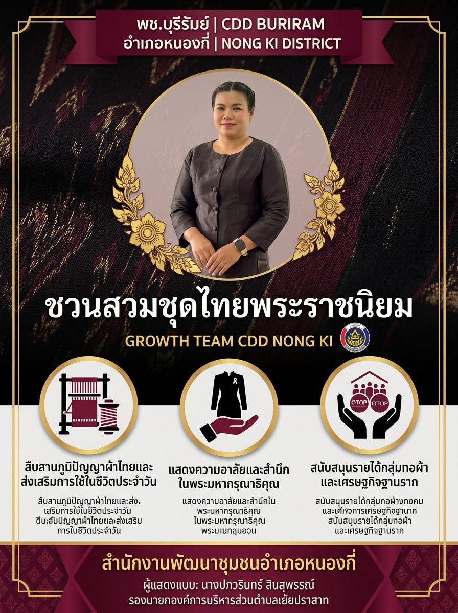 พช.บุรีรัมย์ CDD NONG KI : GROWTH TEAM CDD NONG KI จังหวัดบุรีรัมย์ - พช.หนองกี่ "จัดทำสื่อประชาสัมพันธ์การสวมใส่ผ้าไทย"