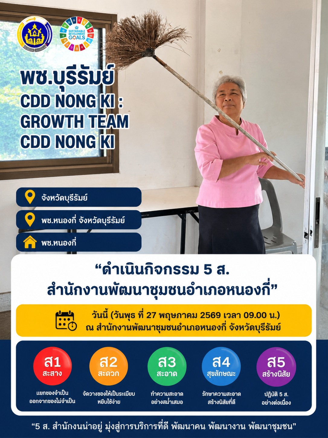 พช.บุรีรัมย์ CDD NONG KI : GROWTH TEAM CDD NONG KI จังหวัดบุรีรัมย์ - พช.หนองกี่จังหวัดบุรีรัมย์ - พช.หนองกี่ "ดำเนินกิจกรรม 5 ส. สำนักงานพัฒนาชุมชนอำเภอหนองกี่"